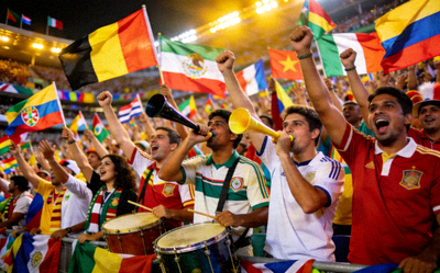 世界杯比赛现场球迷热烈欢呼场景